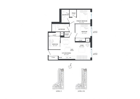 Floor plan for 3 beds, 2 baths, 879 sqft